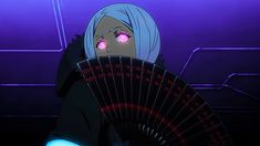 a woman with blue hair and pink eyes holding a fan