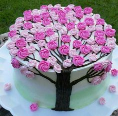 a cake decorated with pink and white frosting roses on a table in the grass