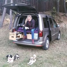 a woman sitting in the back of a van with her dogs