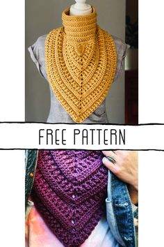 a crocheted cowl is shown with the text free pattern on top and bottom