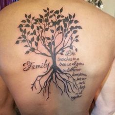 a man with a tree tattoo on his back that says family and has roots growing out of it