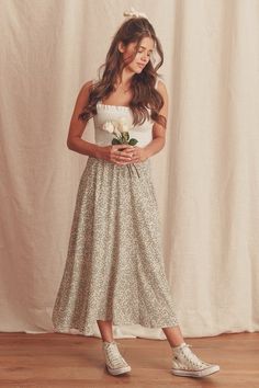 Long Flowy Skirt Outfit, Flowy Skirt Outfit, Sunshine Bracelet, Breath Of Youth, High Waisted Midi Skirt, Long Flowy Skirt, Overalls Shorts, Cute Modest Outfits, Heart Locket Necklace