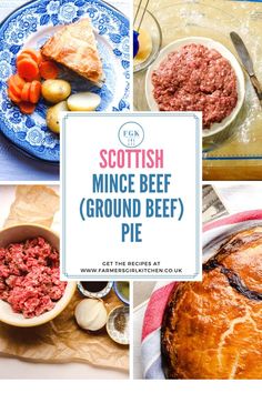 the scottish mince beef ground beef pie is shown in four different pictures with text overlay