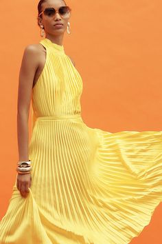 Polyester Zipper styling Professional spot clean Imported | Halter Pleated Midi Dress by Mac Duggal in Yellow, Women's, Size: 16, Polyester at Anthropologie Haldi Dresses, Sporty Style Outfits, Haldi Dress, Pleated Halter Dress, Mustard Yellow Dresses, Yellow Fits, Lacy Tops, Yellow Midi Dress, Mac Duggal