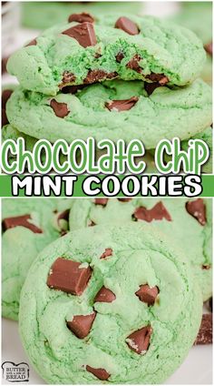 chocolate chip mint cookies are stacked on top of each other with the words, chocolate chip mint cookies