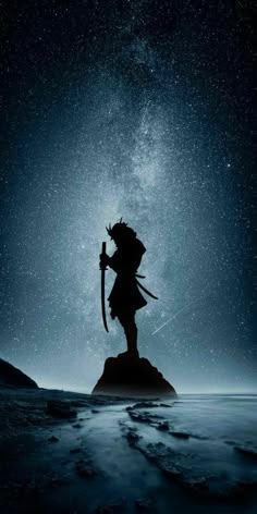 the silhouette of a person standing on top of a rock under a night sky filled with stars