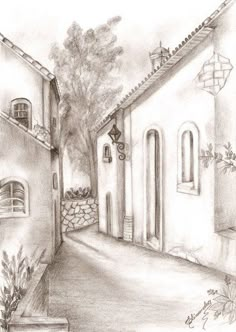 a pencil drawing of an alley way with trees and bushes on either side, surrounded by stone walls