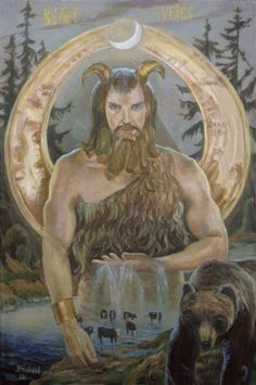 a painting of a man with long hair and horns on his head, standing in front of a circle