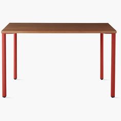 a wooden table with red legs on a white background