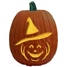 a carved pumpkin with a witches hat on it