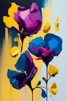 an oil painting of purple and yellow flowers