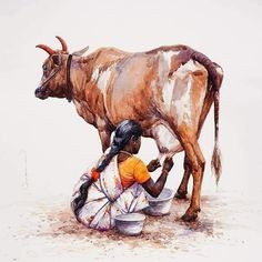 a painting of a woman milking a cow