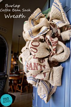 burlap coffee bean sack wreath on blue door