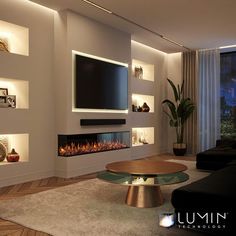 modern living room with fireplace and large screen tv