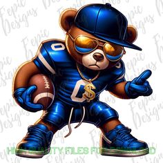 a teddy bear wearing sunglasses and holding a football