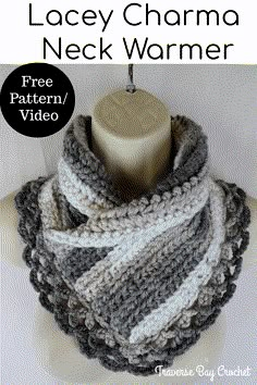 a crocheted scarf is shown with the text lacey charma neck warmer