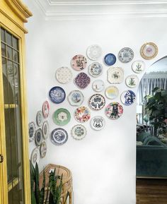 the wall is full of plates and plants