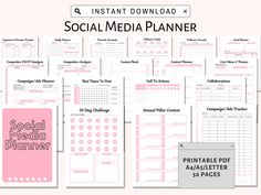 the social media planner is shown in pink and white with text that reads, instant printable