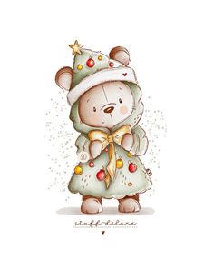 a drawing of a teddy bear wearing a christmas hat and holding a star on its head