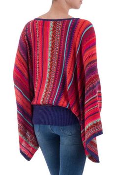 Peruvian Knit Bohemian Drape Sweater in Multicolor Pattern - Cuzco Dance | NOVICA Dance Sweater, Striped Kimono, Bright Sweater, Kimono Sleeve Top, Draped Sweater, Spirit Clothing, Fair Trade Clothing, Cusco Peru, Wool Clothing