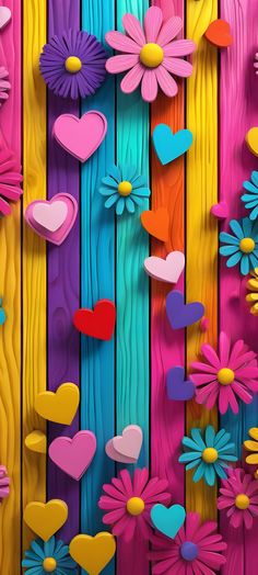 colorful wooden planks with flowers and hearts on them