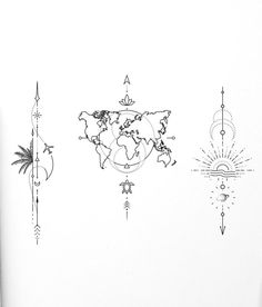 a black and white drawing of a world map with arrows on the wall next to it