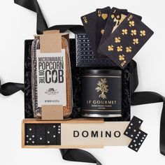 Game Night Popcorn Snack Gift Box Quality Time With Friends, Client Gift Box, Branded Gift Bags, Gold Playing Cards, Unique Corporate Gifts, Domino Set, Corporate Holiday Gifts, Marketing Gift, Time With Friends