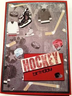 a hockey card with various items on it and the word hockey written in large letters