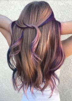 Unnatural Fall Hair Color, Underdye Hair For Brunettes, Subtle Vibrant Hair Color, Long Hairstyles And Color Ideas, Subtle Pop Of Color In Hair, Brown Hair With Lilac Peekaboo, Pbj Hair Dye, Pb And J Hair Color, Balayage Hair With Color Pop