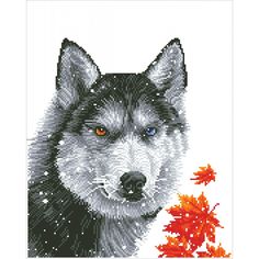 a cross stitch pattern of a husky dog with autumn leaves in front of it's face