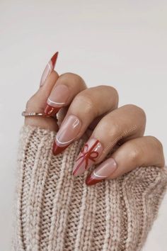 Nails Ideas For Winter Red, Almond Style Nails Christmas, Almond French Tip Nails Holiday, Simple Red Gel Nails, Christmas Bow Nails Acrylic, Almond French Tip Christmas Nails, French Tip Nails With Design Christmas, Christmas French Nails Almond, Red French Tip Nails Almond Christmas