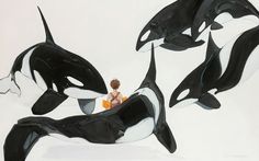 two orca whales and a baby in an orange swimsuit are swimming with their mother