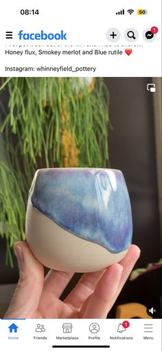 someone is holding up a blue and white pottery bowl that looks like it has been painted on