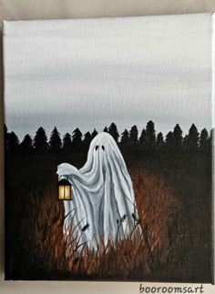 a painting of a ghost in a field with a lantern on it's head