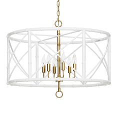 a white and gold chandelier with six lights hanging from the ceiling, on a white background