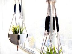 two hanging planters with plants in them next to a window