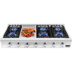 a gas stove with four burners and blue lights on it's side, in front of a white background