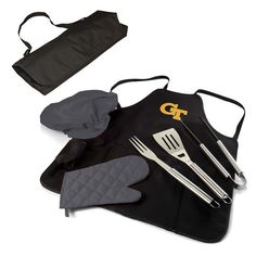 a black apron with utensils and gloves on it