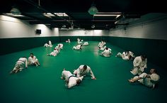 a group of people in white suits doing karate on a green floor with one person kneeling down