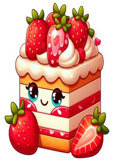 a cartoon strawberry cake with whipped cream and strawberries on top, sitting next to it