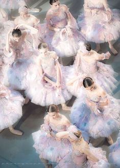 several ballet dancers in white tutus and pink dresses, all with their arms around each other