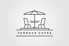 two chairs and an umbrella sitting at a table with the words terrace cafes on it