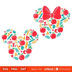 mickey and minnie mouse head with school supplies in the shape of hearts on white background