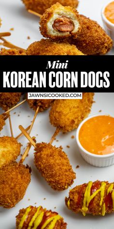 mini korean corn dogs with dipping sauce on the side and text overlay that reads mini korean corn dogs