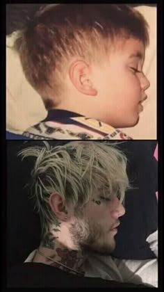 two pictures of a young boy with short hair and piercings on his face, one is