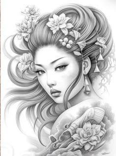 a woman with long hair and flowers in her hair is depicted on the back of a tattoo