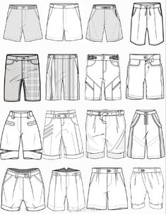 men's shorts with different styles and sizes, all drawn in black and white