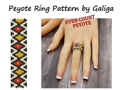 Peyote ring pattern for the use of Miyuki Delica size 11/0 seed beads. PDF file includes: 1. Large picture of the pattern 2. Bead Legend with the color, name, number and quantity of beads. 3. Bead graph - color coded and numbered graph of the pattern. 4. Word chart of the pattern. ✔ This product includes digital pattern in PDF format that you can instantly download after purchase ✔ ✔ Please note! That pattern doesn't contain materials and instuctions for beading techniques ✔ Technique : Even count peyote Colors: 5 ♥ ♥ ♥ You may choose other colors according to your taste Length: 2.51 in (36 rows) Width: 0.53 in (10columns) ♥ ♥ ♥ You can reduce or increase the length by removing or adding rows to fit for your size ✔ How to download the digital file after purchasing: https://www.etsy.com/hel Miyuki Ring, Ring Pattern, Beads Pattern, Loom Jewelry, Beaded Earrings Native, Seed Bead Pattern, Ring Tutorial, Green Ring, Seed Beading