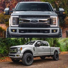 two pictures of the front and rear sides of a silver ford f250 super duty truck