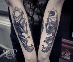 two black and white tattoos on both arms